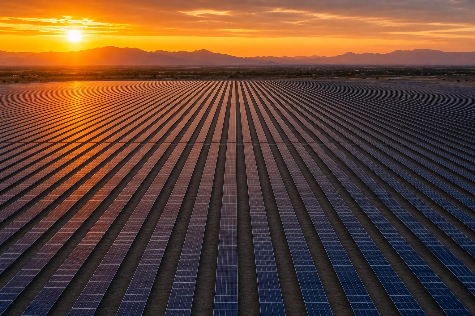 Large-scale solar farm installation at sunset