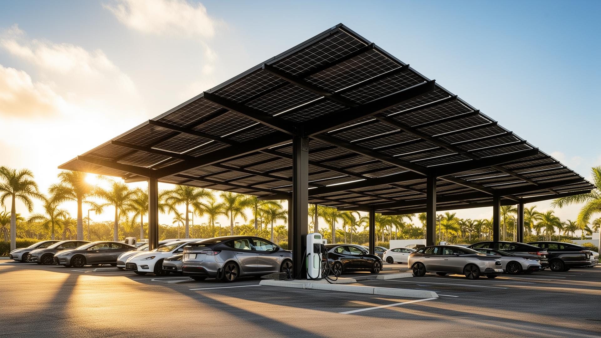Modern solar carport canopy in Florida with EV charging